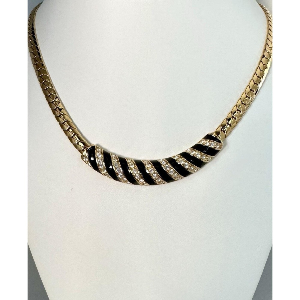 Swarovski Black Enamel Crystal Collar Necklace Gold Tone Vintage